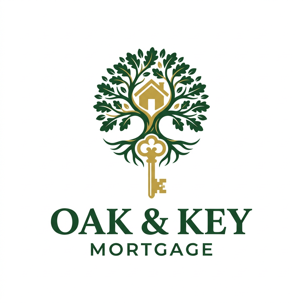 Oak & Key Mortgage logo with leafy tree, key, and house symbol
